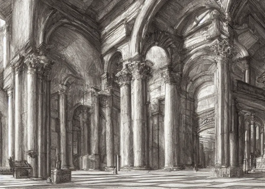 Prompt: interior of an ancient roman cathedral, pencil, concept art, 4k, artstation