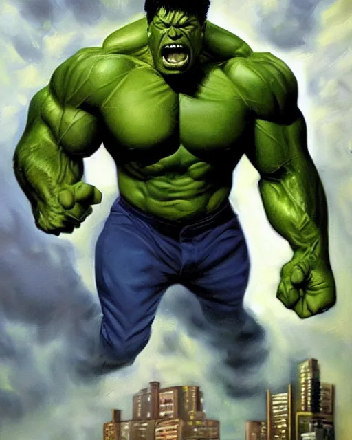 Prompt: a moody oil painting of the incredible hulk looking angry as he bursts through a wall at noon in a city by joe jusko.