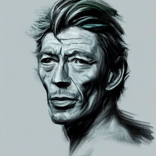 Image similar to peter otoole, hair green, face white, lips red, portrait, impressionistic, concept art