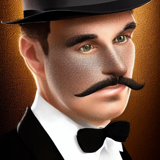 Image similar to Portrait of a man with brown hair and a brown mustache in black suit and black top hat, studio lighting, Sigma 85 mm f/1.4., digital painting, trending on artstation, sharp shadows