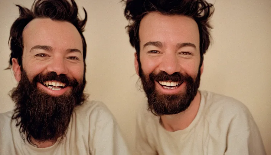 Prompt: far view, extremely skinny malnourished jimmy fallon with long beard, wearing dirty overalls, dirty greasy face, grin, portrait, close up, kodak gold 2 0 0, 5 0 mm,