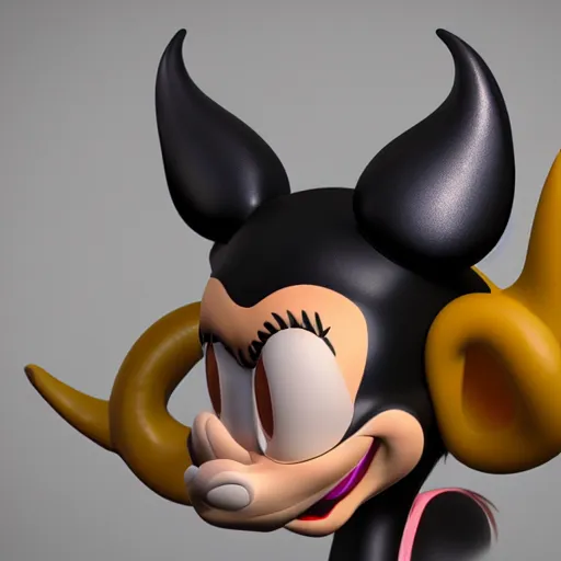 Prompt: side view caricature hypnotic female crazy goddess with curvy horns with huge enormous crazy cartoony eyes, in the style of pixar characters, disney mickey mouse, donald duck, tex avery, 3 d render, zbrush, artstation, octane render