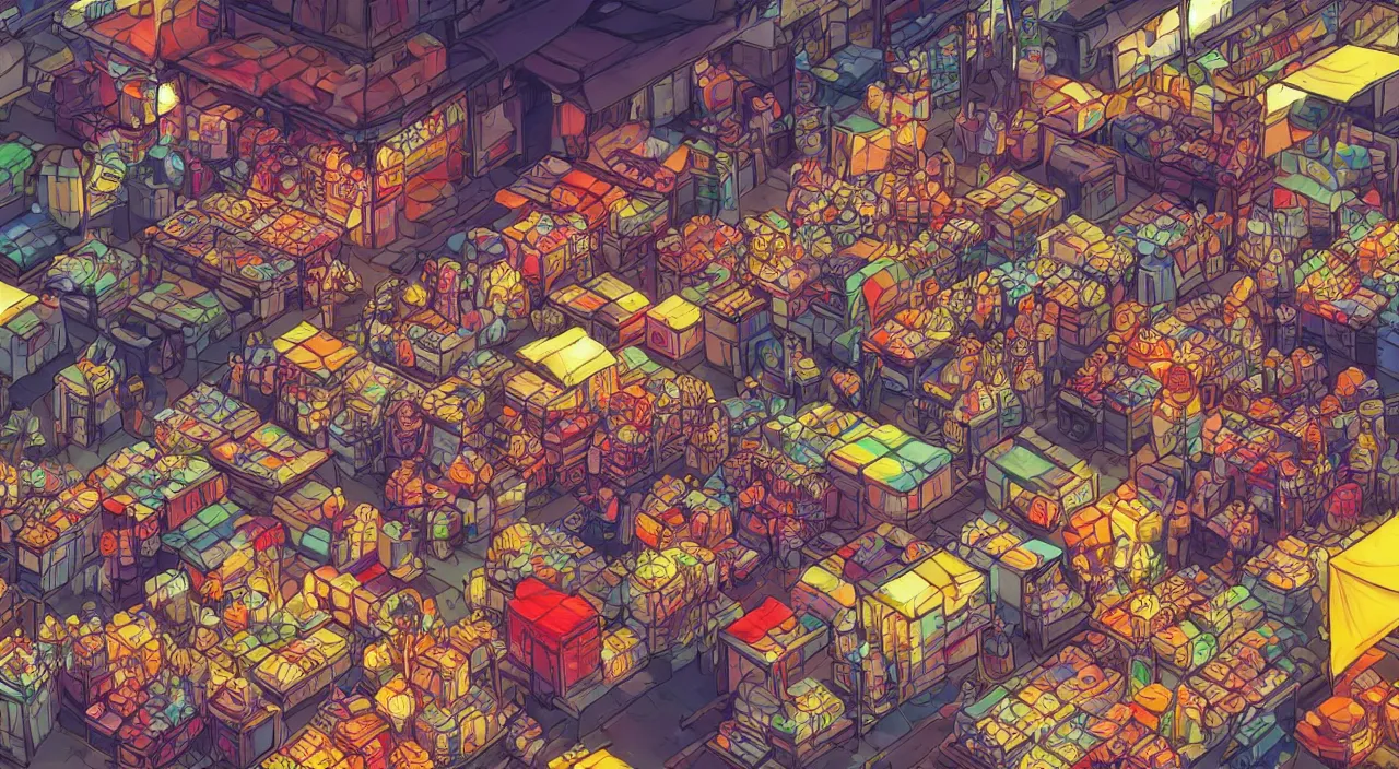 Prompt: a market in hong kong painting stylized digital illustration video game icon global illumination ray tracing neon that looks like it is from borderlands and by feng zhu and loish and laurie greasley, victo ngai, andreas rocha, john harris