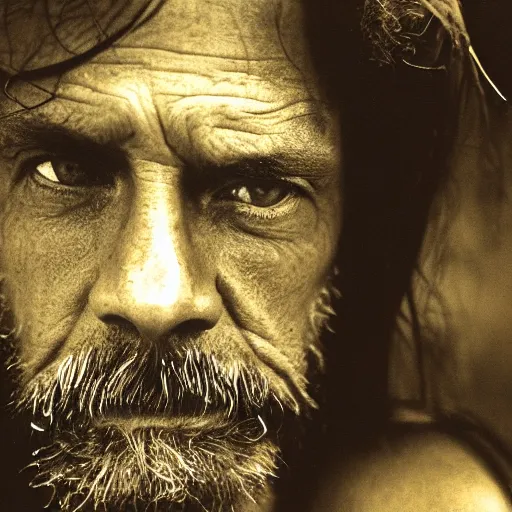 Image similar to portrait, extreme close up, sepia, beautiful light - randy savage, wet hair, stares at the camera, night sky, stars, bruce gilden, leica s, fuji 8 0 0, grainy, low light