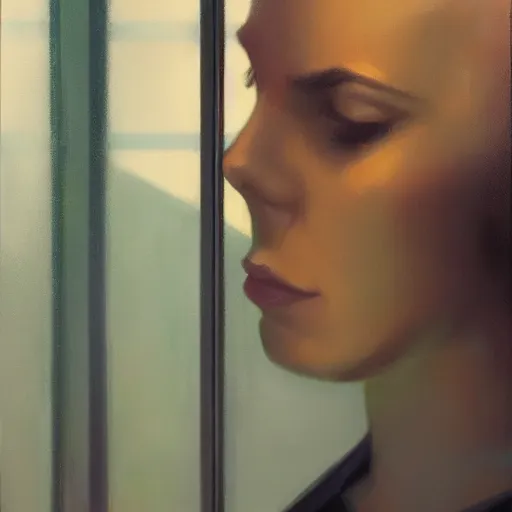 Image similar to detailed face of a woman, clockwork, moment, tectonic sky, skydome, bullet train, turbines, utopian, tech noir, wet reflections, prism, atmospheric, ambient, nick alm, casey baugh, pj crook, syd mead, livia prima, edward hopper