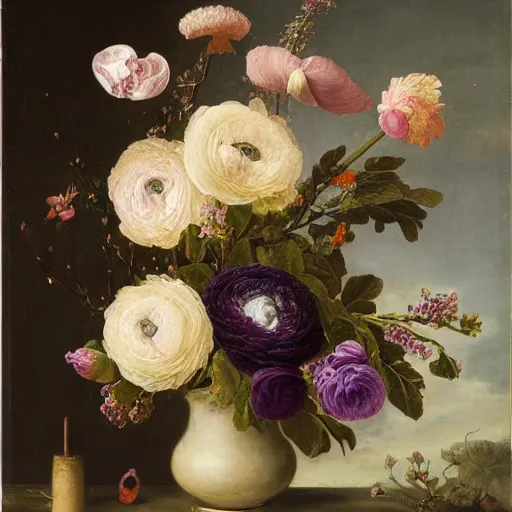 Image similar to still - life of bouquet of lilac and ranunculus with honeycomb bees and birds feathers, rachel ruysch, dark, moody