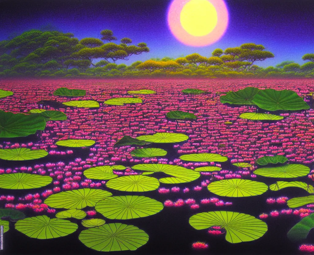 Image similar to a landscape pastel in the style of noriyoshi ohrai and mark tedin of a holy field of lotus flowers, night time. key art. 4 k retrofuturistic fantasy