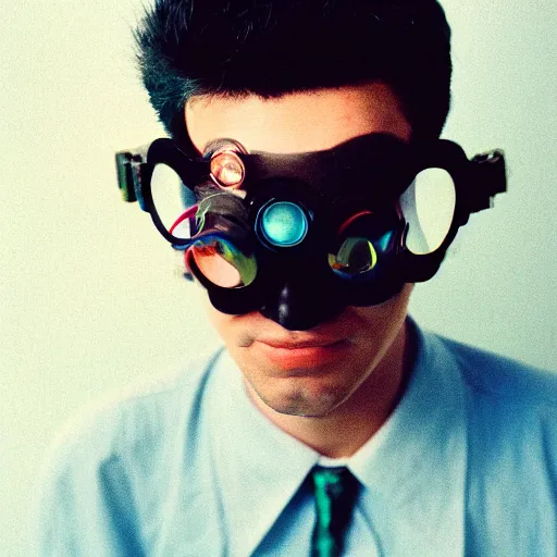 Prompt: kodak ektachrome e 1 0 0 photograph of a nerdy goth guy wearing goggles and eclectic jewelry, moody lighting, telephoto, 9 0 s vibe, blurred background, vaporwave colors, faded!,