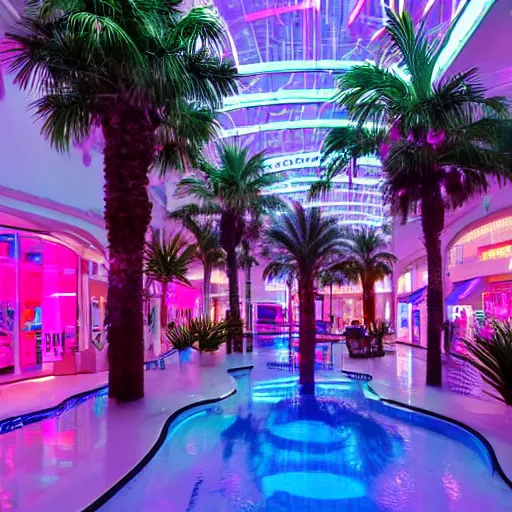 Image similar to an indoor mall with palm trees and pools, pink and blue lighting, everything floats in space