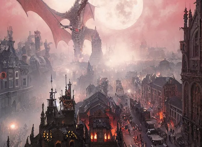 Image similar to giant nordic hell dragon attacking a victorian town during a parade, highly detailed, digital illustration, artstation, concept art, matte, sharp focus, illustration, dramatic, full moon, art by artgerm and greg rutkowski and alphonse mucha