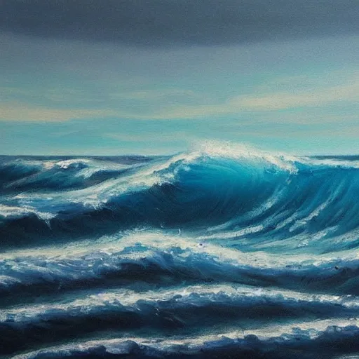 Image similar to a painting of an ocean full of waves half above water, half below water