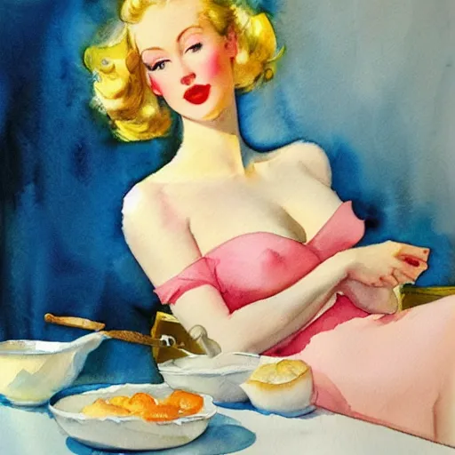 Prompt: blonde woman making breakfast abstract watercolor painting by gil elvgren and vladimir volegov and picasso, artstation