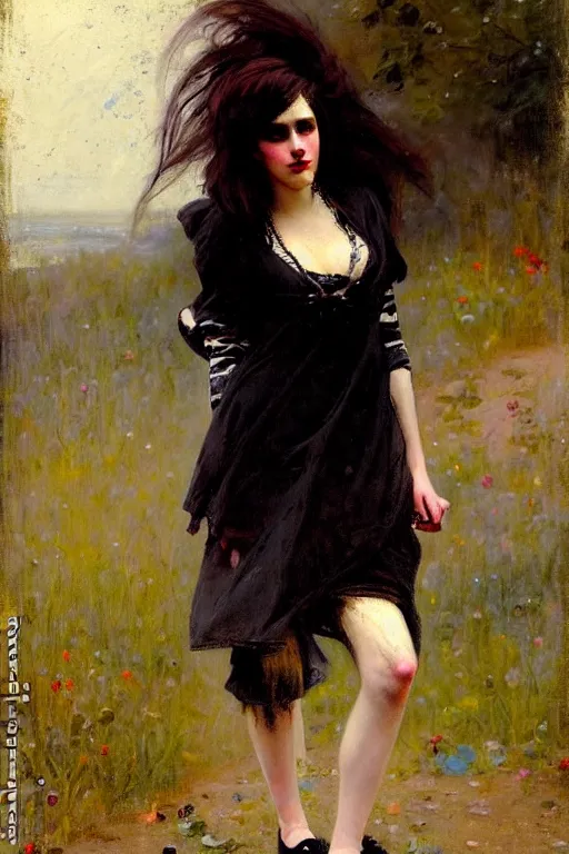 Prompt: painterly style!!! solomon joseph solomon and richard schmid and jeremy lipking victorian loose genre loose painting full length portrait painting of a young beautiful woman punk rocker