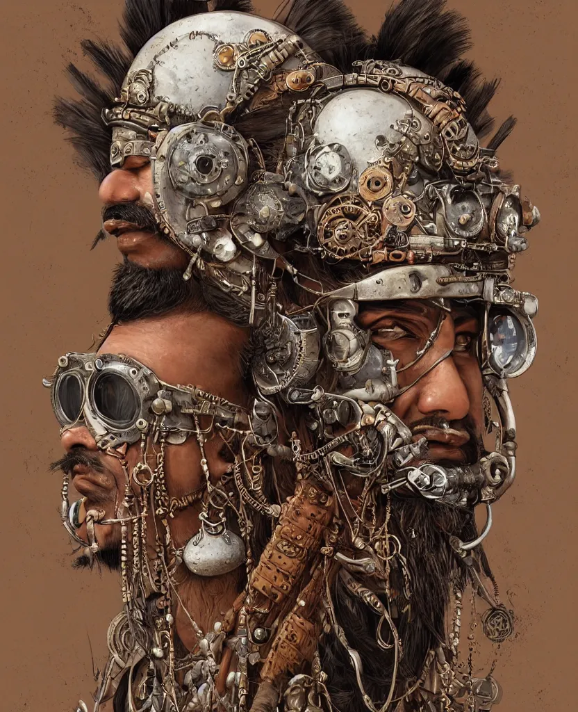 Image similar to face portrait of an indian man with long kawai moustache rajasthani headgear wearing madmax style steampunk goggles and steampunk jewelry, art by peter mohrbacher and craig mullins, sticker, isolated on white background, colorful, illustration, highly detailed, simple, smooth and clean vector curves, no jagged lines, hyperrealistic, digital painting, cgsociety, artstation, smooth