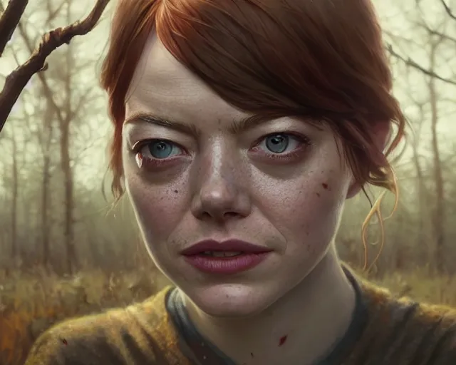 Image similar to highly detailed portrait of emma stone, in the walking dead, stephen bliss, unreal engine, fantasy art by greg rutkowski, loish, rhads, ferdinand knab, makoto shinkai and lois van baarle, ilya kuvshinov, rossdraws, tom bagshaw, global illumination, radiant light, detailed and intricate environment