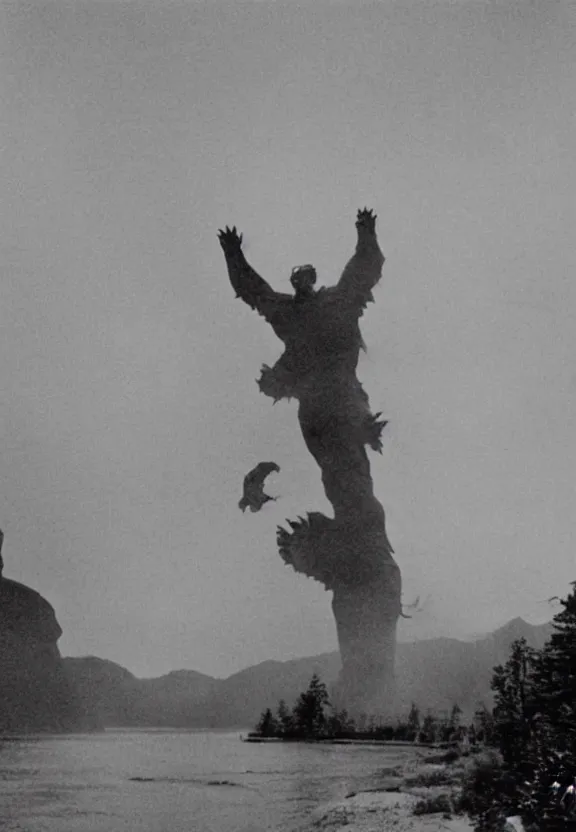 Image similar to Pulgasari the North Korean monster, volumetric lighting, filmstill, produced by Kim Jong-il, Kodachrome, kaiju-eiga, starfish monster movie, communist propaganda, film noir, 35mm film grain, Cooke Varotal 20-100mm T3.1, monochrome, in the style of Ishirō Honda and Akira Kurosawa