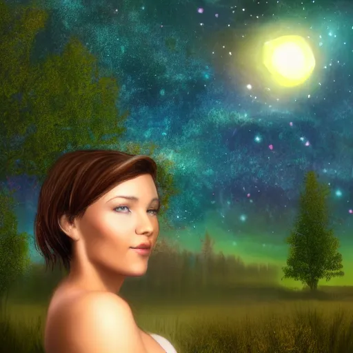 Image similar to an hd photo of a young woman with short brown hair and green eyes, beautiful trees in the background, night sky with stars and galaxies, trending on artstation