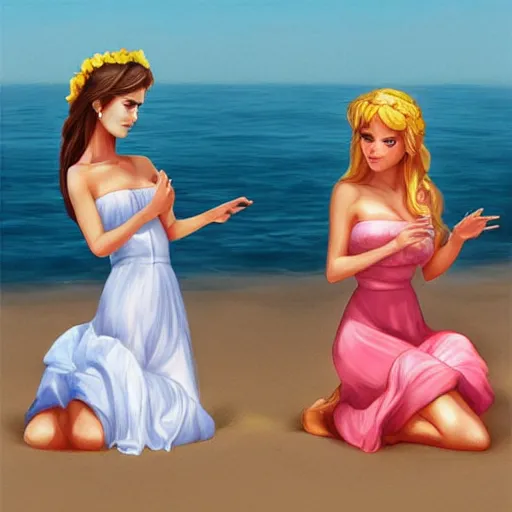 Image similar to two beautiful princesses in sundresses on the beach drawn by artgerm