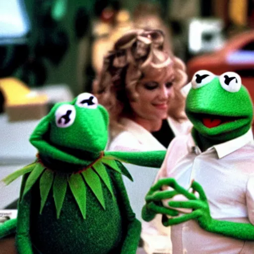 Prompt: kermit the frog on the set of boogie nights, movie still, high detail, cinematic,