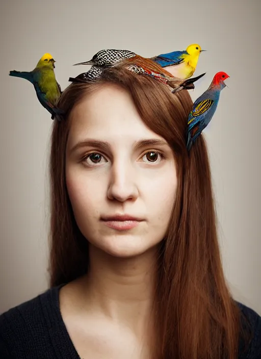 Prompt: portrait of a 2 3 year old woman, symmetrical face, birds on her head, she has the beautiful calm face of her mother, slightly smiling, ambient light