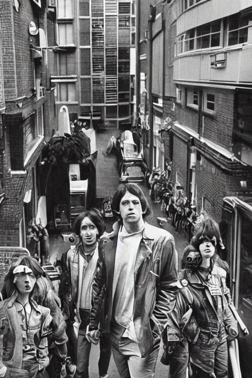 Image similar to a gang of giant, cyborg simon cowells prowling 1980s london, annie leibovitz photo hq