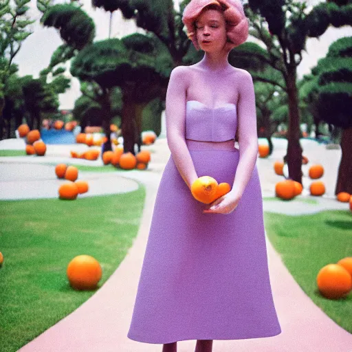 Prompt: sigma 8 5 mm f / 1. 4, monumental pale violet by slim aarons. a performance art of a young woman holding an orange