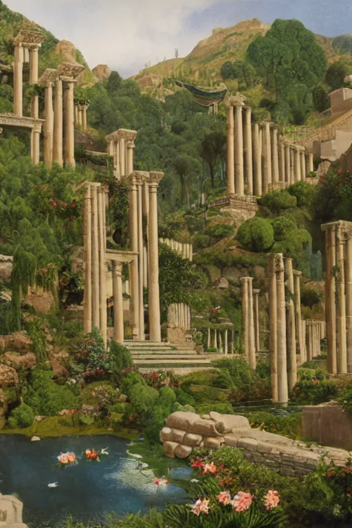 Image similar to hanging gardens of babylon, temple of artemis at ephesus, waterfalls, blooming hills with spring flowers and pillars by helen lundeberg