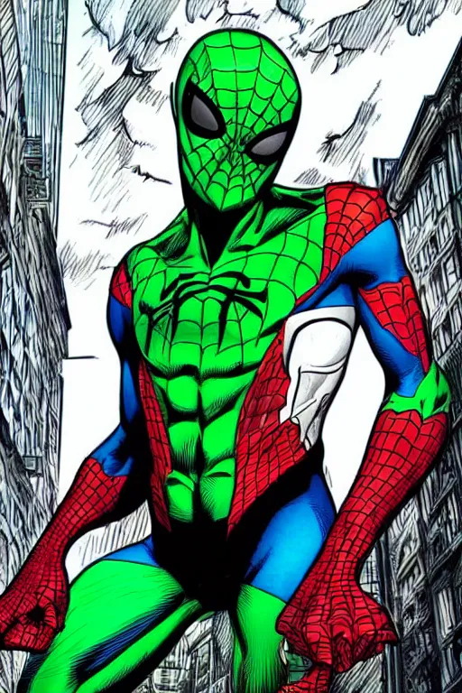 Image similar to a cross between spider man and green goblin