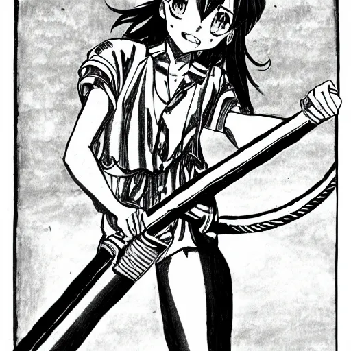 Image similar to manga drawing of a girl wielding a buzzsaw