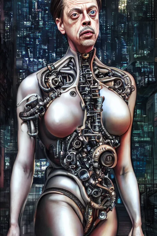 Prompt: wow! 3 / 4 stunning photorealistic portrait of steve buscemi in a kowloon cyberpunk cityscape, biomechanical bodysuit, oppai proportions, acid rain, dark fantasy by artgerm and clay mann and sorayama and alphonse mucha, very realistic, hyperdetailed, trending on artstation, octane render