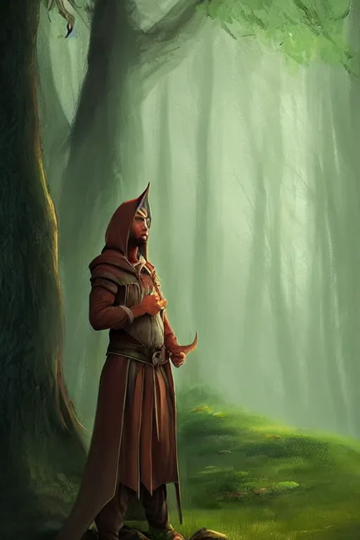 Image similar to beautiful, digital art, portrait painting of a male elf wizard, wearing linen hooded cloth. forest background. artstation, by bartek fedyczak, erak note, tooth wu, neil richards, kan liu, siwoo kim, jisu choe