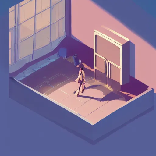 Image similar to an aerial view of a person walking through a room, concept art by James Gilleard, trending on Artstation, serial art, 2d game art, isometric, volumetric lighting