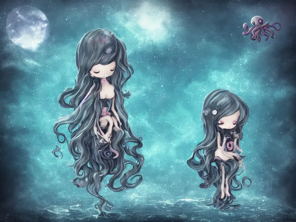 Image similar to cute fumo plush gothic octopus maiden alien girl swimming in the waves of the dark galactic abyss, tattered ragged gothic dress, ocean waves and reflective splashing water, vignette, vray