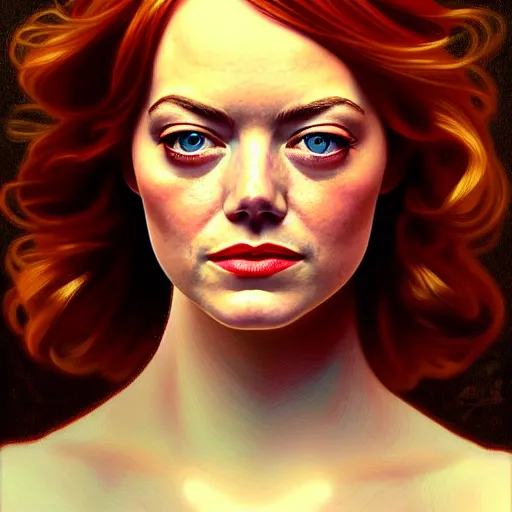 Image similar to oil portrait of emma stone, intricate, elegant, highly detailed, lighting, painting, artstation, smooth, illustration, art by greg rutowski and alphonse mucha