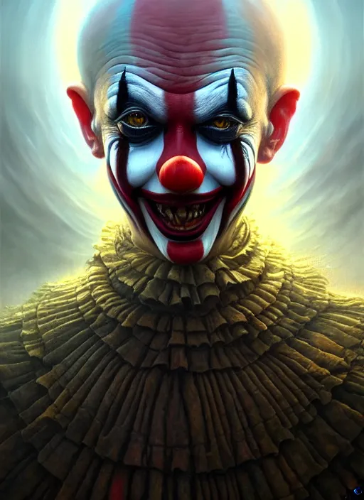 Image similar to closeup portrait shot of a evil clown in a scenic dystopian environment, intricate, elegant, highly detailed, centered, digital painting, artstation, concept art, smooth, sharp focus, illustration, artgerm, tomasz alen kopera, peter mohrbacher, donato giancola, joseph christian leyendecker, wlop, boris vallejo