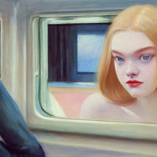 Prompt: Painting of Elle Fanning in a train, long blonde hair, delicate, pale milky white porcelain skin, by Edward Hopper. 8K. Extremely detailed.