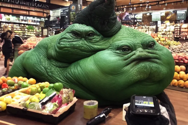 Prompt: Jabba the Hutt in Whole Foods, smartphone photo