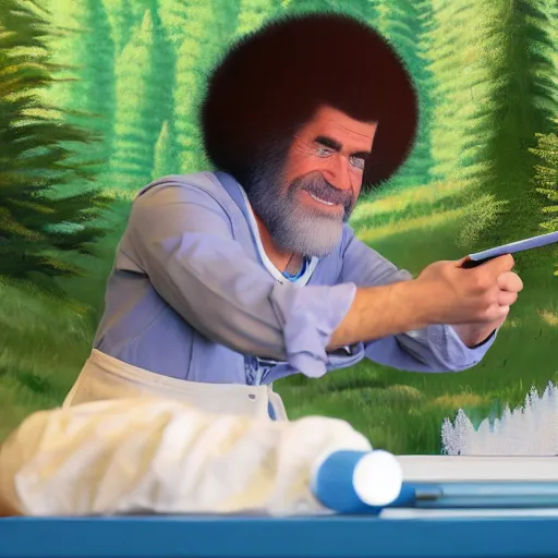 Prompt: a closeup photorealistic photograph of bob ross working on a canvas painting sonic the hedgehog. film still. brightly lit scene. mountains and trees. this 4 k hd image is trending on artstation, featured on behance, well - rendered, extra crisp, features intricate detail, epic composition and the style of unreal engine.