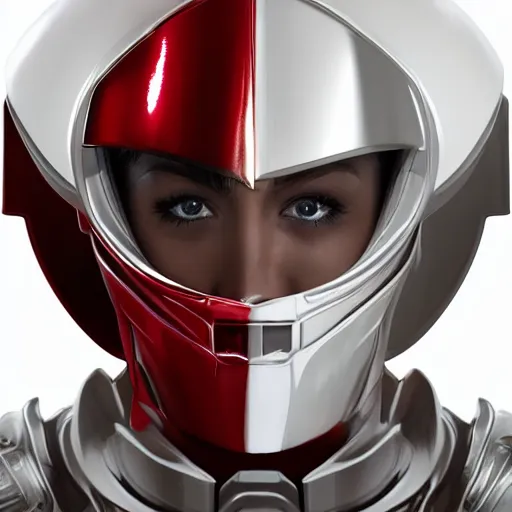 Image similar to headshot of a beautiful female soldier, no makeup, in glossy sleek white armor and a long red cape, head tilted upwards, determined expression, no helmet, on the surface of mars, cinematic, sci-fi, hyperrealistic, detailed