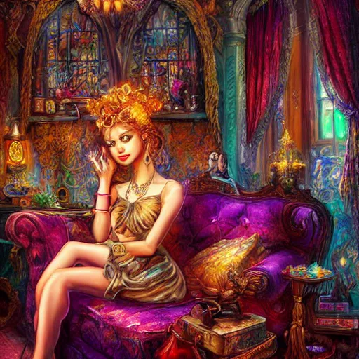 Prompt: a beautiful female is sitting on her living room couch. She is dressed casually and is watching TV, Regal, Realistic, Refined, Detailed Digital Art, Josephine wall, Oil Painting, Steampunk, Highly Detailed, Cinematic Lighting, Unreal Engine, 8k, HD