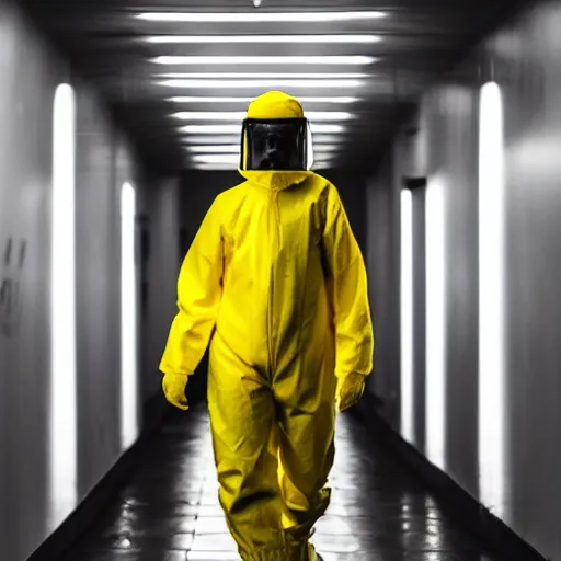 Prompt: A Man with a Hazmat suit going through A Dimly Lit Infinite Yellow Hallway