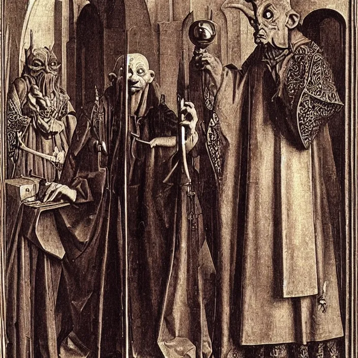 Image similar to a goblin monster priest, by Jan van Eyck