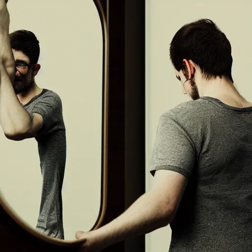 Prompt: a man reaching his hand into a mirror, 4 k, photorealistic, digital image, sharp details, hd