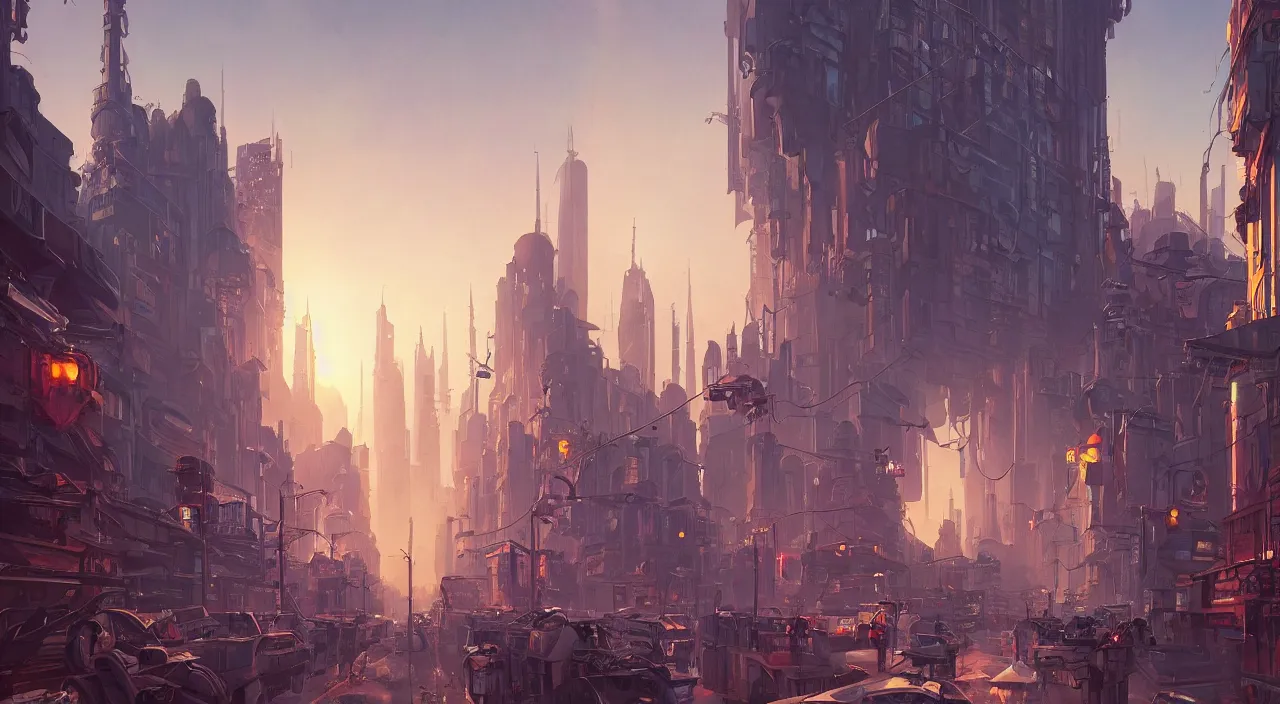 Image similar to a street level painting towards the horizon with high detail, sci - fi colorful victorian megacity at golden hour with sharp shadows by tyler edlin and sparth, wide angle lens, 4 k, vray, art nouveau influences. roger deakins, cinematic cinematography.