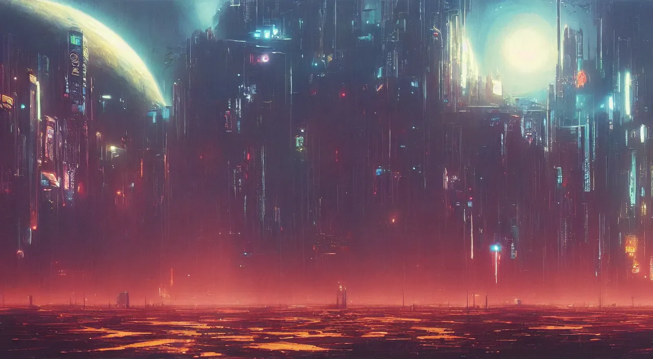 Image similar to a beautiful painting of A cyberpunk city on the plains of the outer planets,80s sci-fi,4k,by John Harris