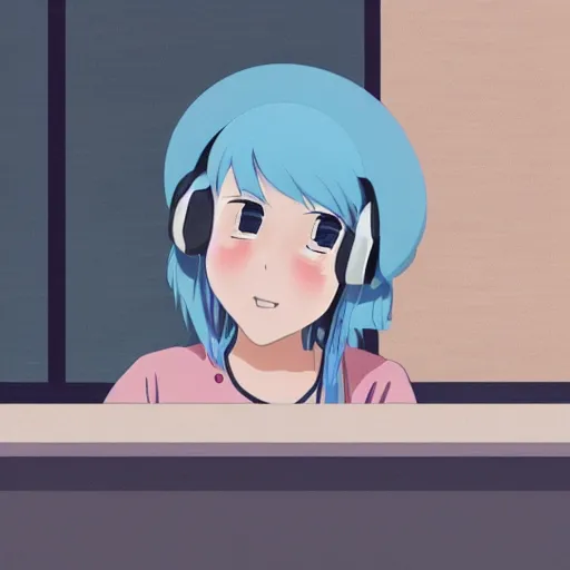 Image similar to high definition anime portrait of a pastel blue haired anime girl sitting at a desk studying with headphones on, background is a window looking out into a busy Tokyo district, lo-fi art, by Studio Ghibli, trending on artstation, sharp high quality anime, digital art, photoshop, proportionate, ambient lighting