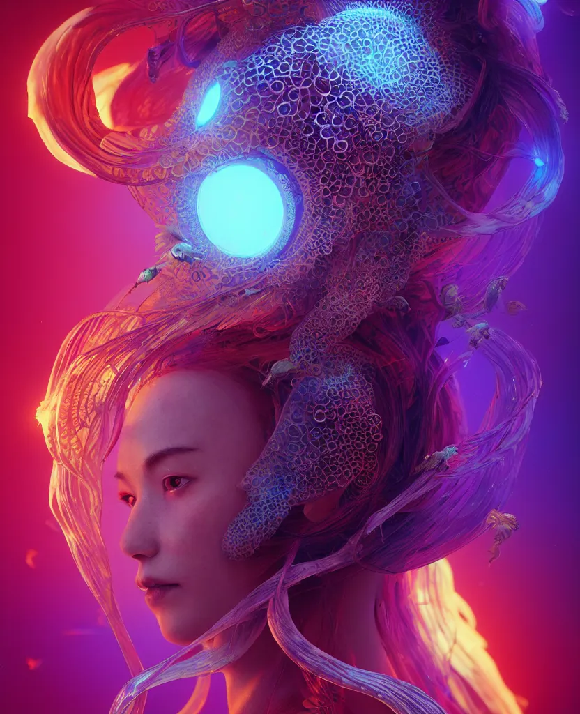 Image similar to goddess close-up portrait. orchid jellyfish phoenix head, nautilus, skull, betta fish, bioluminiscent creatures, intricate artwork by Tooth Wu and wlop and beeple. octane render, trending on artstation, greg rutkowski very coherent symmetrical artwork. cinematic, hyper realism, high detail, octane render, 8k