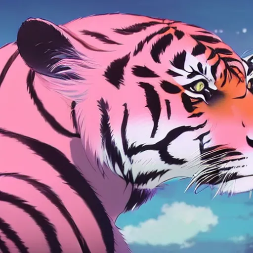 Image similar to a pink tiger wearing a lab coat, illustration concept art anime key visual trending pixiv fanbox by wlop and greg rutkowski and makoto shinkai and studio ghibli and kyoto animation symmetrical facial features