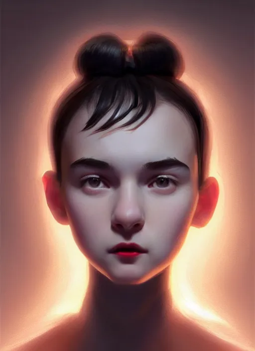 Image similar to portrait of teenage girl, narrow face, black hair and eyebrows, bangs, half updo hairstyle, buck teeth, unattractive, defined jawline, long chin, smile, hair bow, intricate, elegant, glowing lights, highly detailed, digital painting, artstation, concept art, sharp focus, illustration, art by wlop, mars ravelo and greg rutkowski