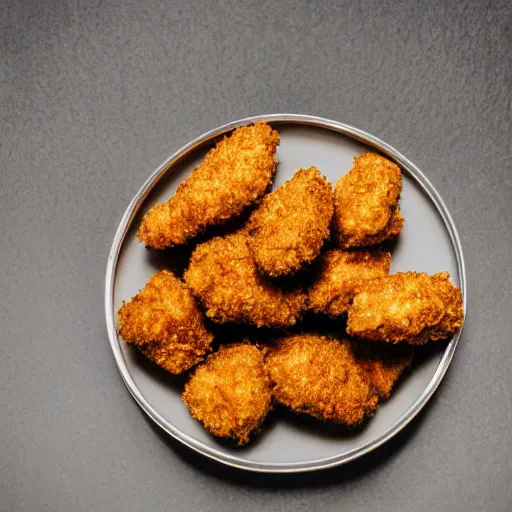 Prompt: chicken nuggets made of gold in a bowl made of silver, studio photo, dslr close up